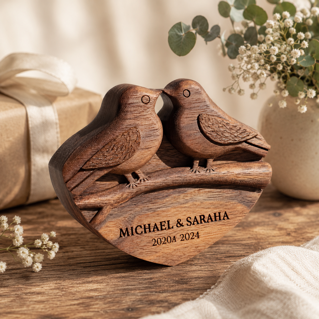 Walnut lovebirds sculpture beside gift box and eucalyptus