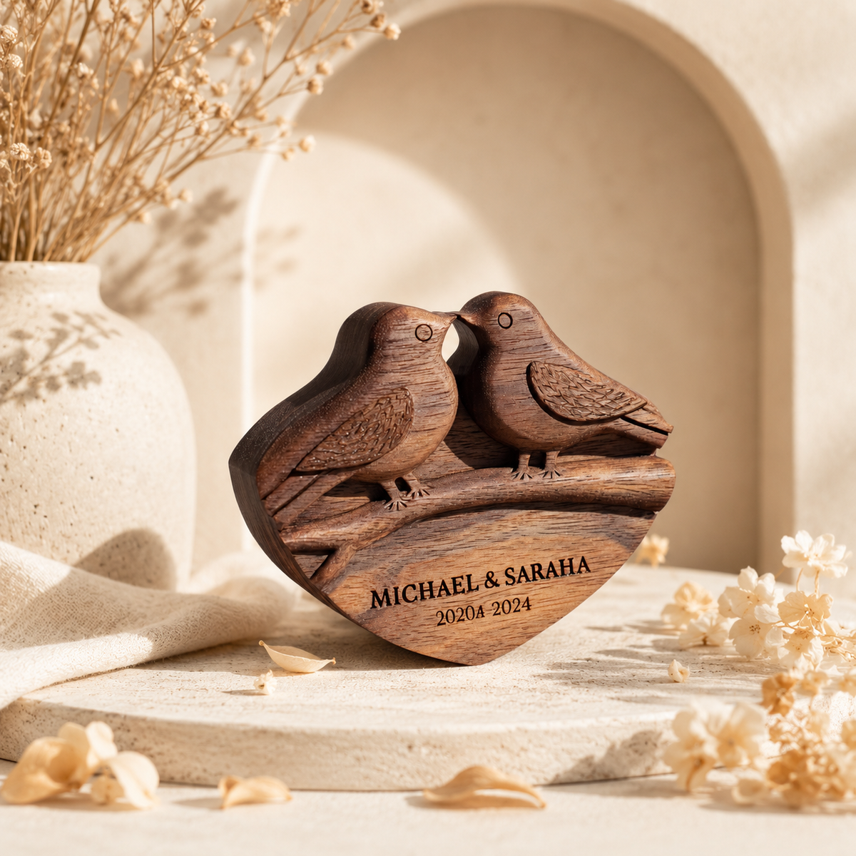 Walnut lovebirds sculpture in soft arch scene with dried florals