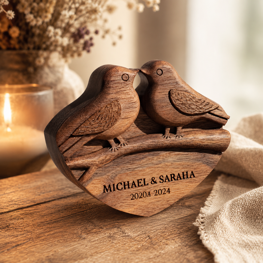Walnut lovebirds sculpture beside candlelight and dried flowers