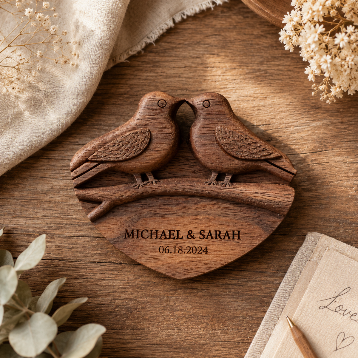 Walnut lovebirds sculpture on wood surface with dried florals and love card
