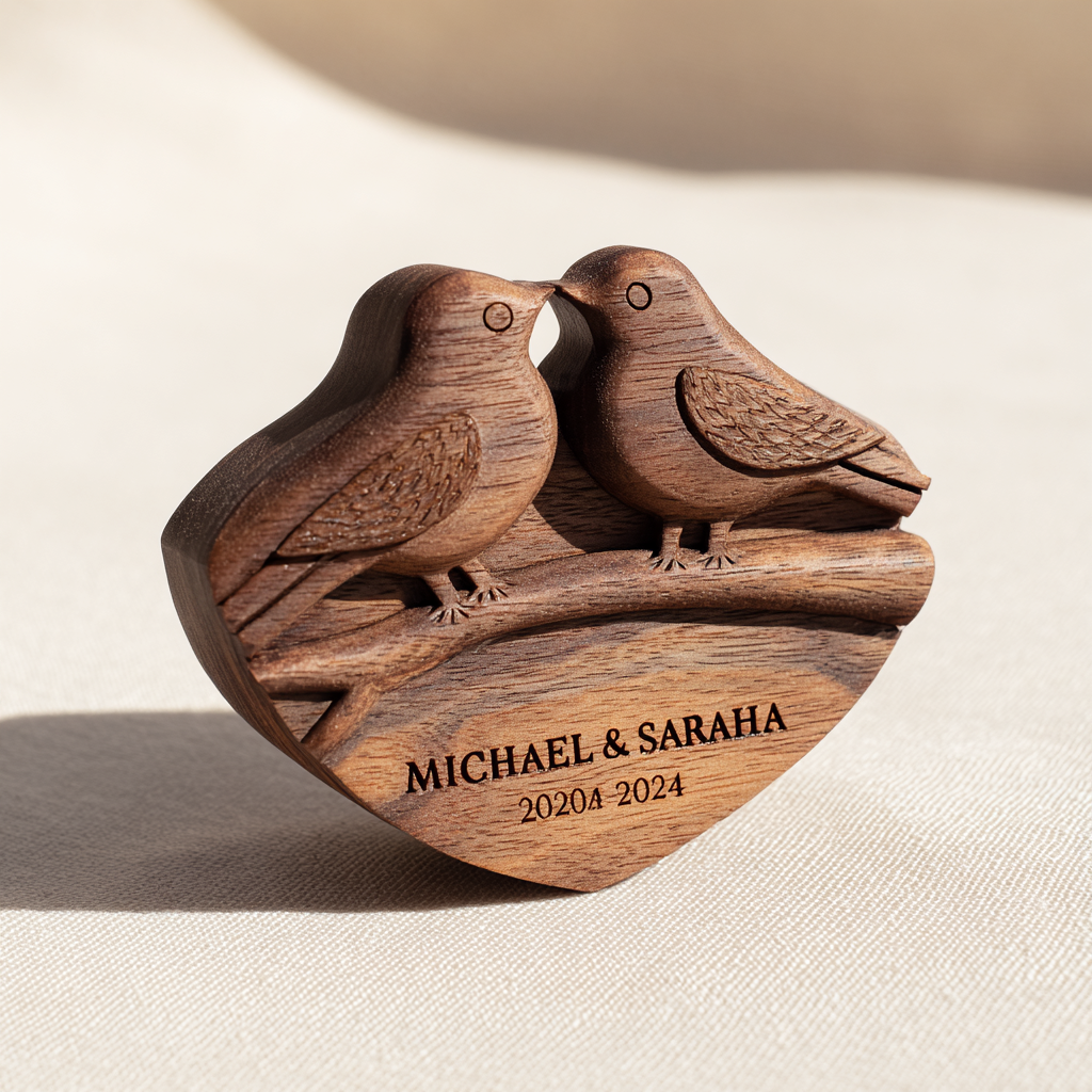 Walnut lovebirds sculpture clean studio product shot