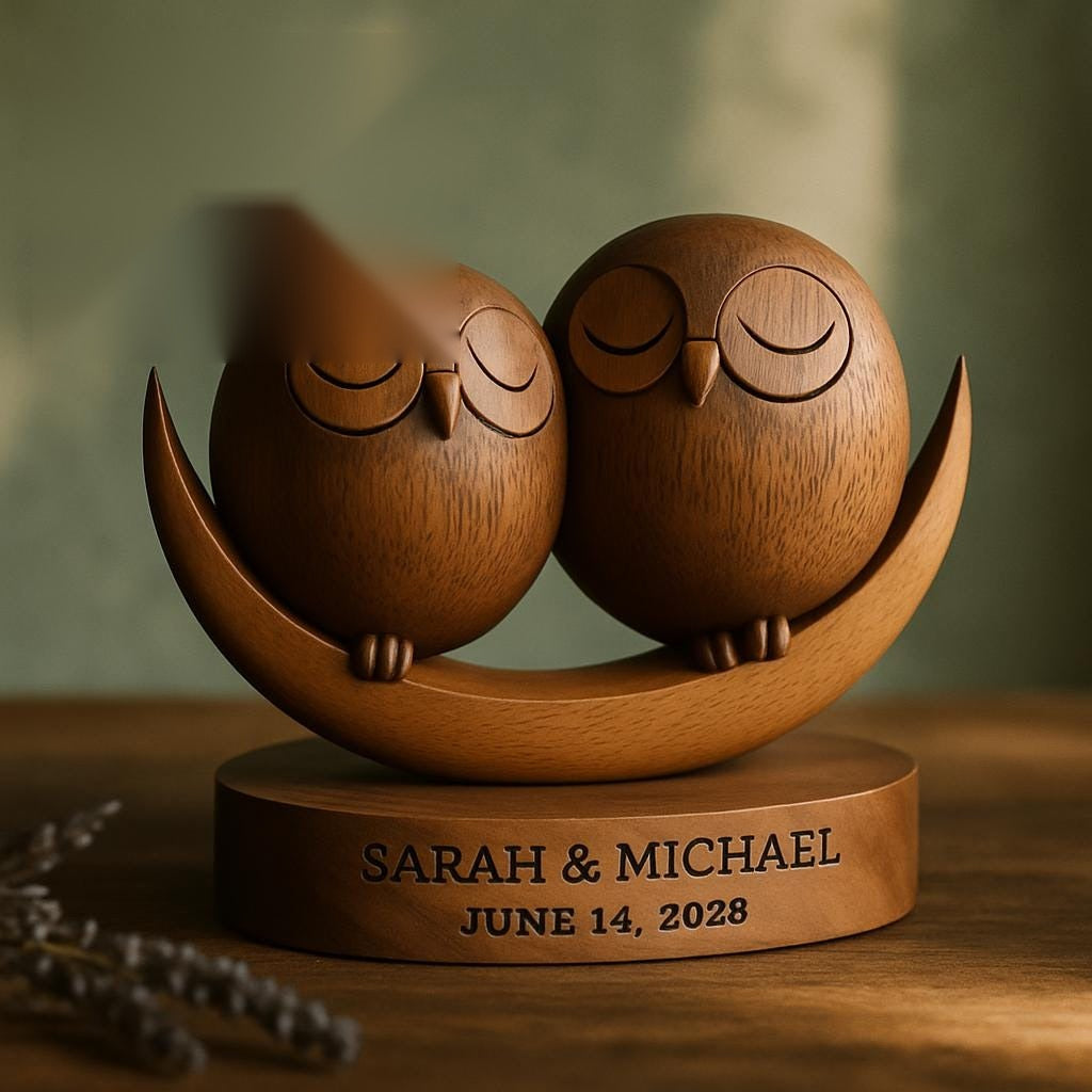 Walnut owl couple sculpture on crescent moon base, personalized with names and date
