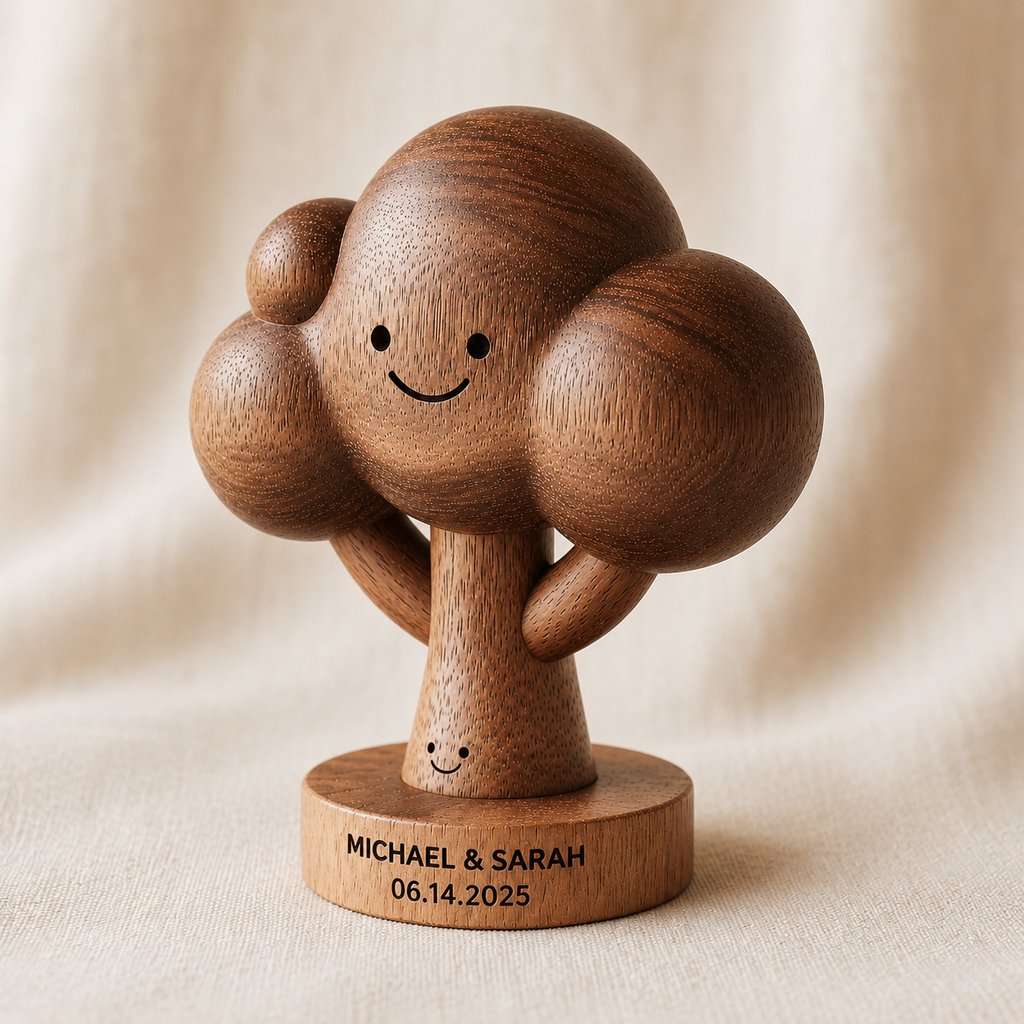 Walnut smile tree sculpture with cheerful face, MICHAEL & SARAH