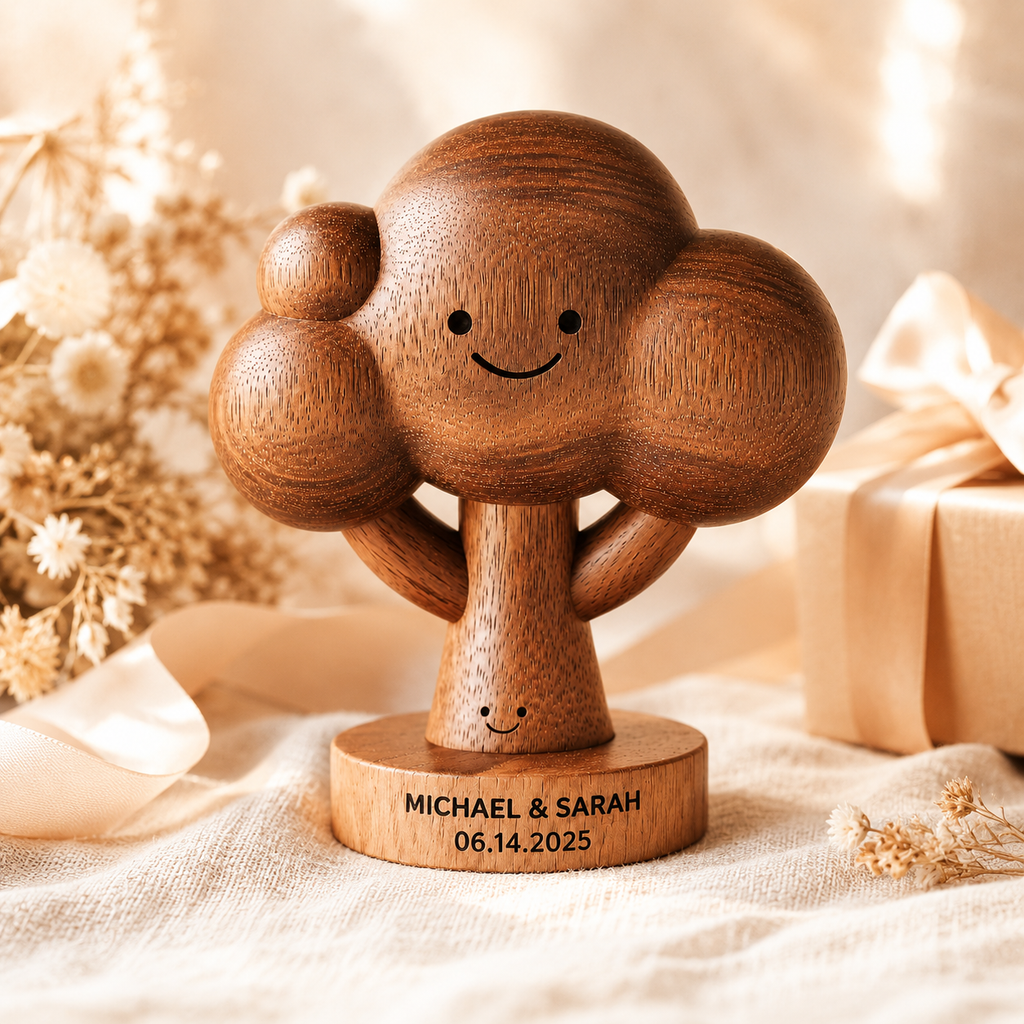 Walnut smile tree in warm lifestyle scene with dried florals and gift box